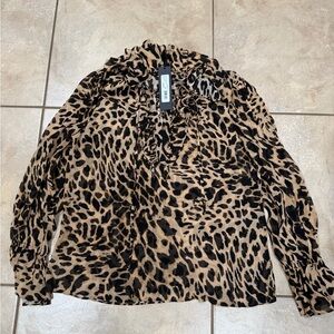 Leopard Print Ruffle Neck Blouse - Black & Tan